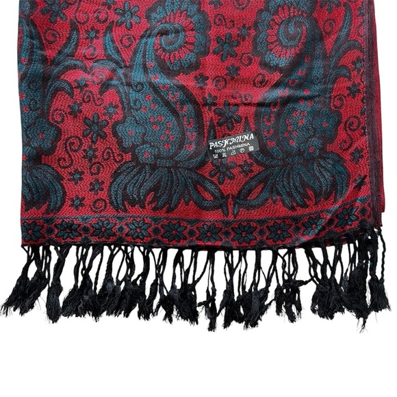 Red Blue Black Paisley Floral Print 100% Pashmina Wrap Scarf with Fringe - Picture 2 of 5